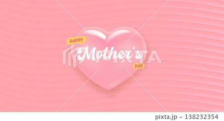 Happy Mothers Day horizontal banner with 3D pink heart and bold typography on a pink wavy background. Cute Mothers day holiday greeting card and marketing social media background. Vector illustration Happy Mothers Day horizontal banner with 3D pink heart and bold typography on a pink wavy background. Cute Mothers day holiday greeting card and marketing social media background. Vector illustration 138232354