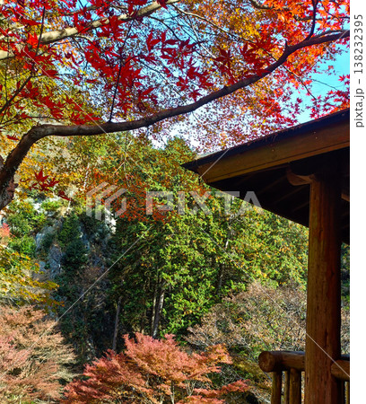紅葉に彩られた日本庭園と東屋の風景 138232395