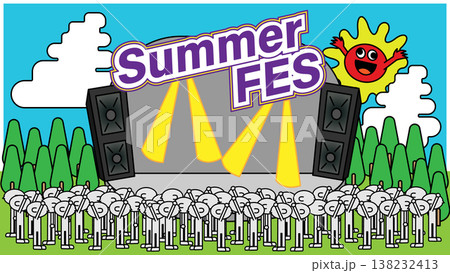 夏フェスのステージと観客のイラスト・音楽イベントを表現したポップなデザイン素材 夏フェスのステージと観客のイラスト・音楽イベントを表現したポップなデザイン素材 138232413