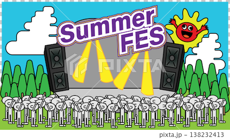 夏季音樂節舞台和觀眾的插圖；代表音樂活動的流行設計材料。 138232413