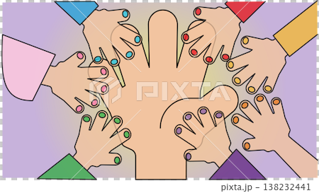 An illustration depicting teamwork and cooperation as everyone places their hands together. 138232441