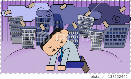 地震におびえて身をかがめる男性会社員の防災イラスト 138232442