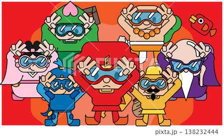 ポーズを決める七福神キャラクターのお正月イラスト ポーズを決める七福神キャラクターのお正月イラスト 138232444