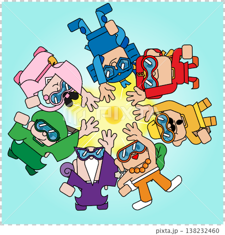 円陣を組む七福神のイラスト 団結と協力のポップな開運デザイン 138232460