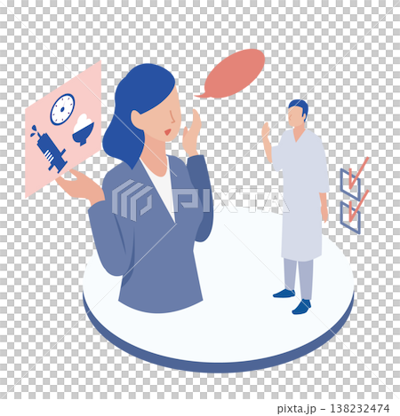 Illustration of a medical staff member explaining treatment details and precautions to a patient. Illustration of a medical staff member explaining treatment details and precautions to a patient. 138232474