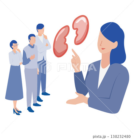 腎臓の仕組みを説明する医療スタッフと話を聞く人々のイラスト 腎臓の仕組みを説明する医療スタッフと話を聞く人々のイラスト 138232480