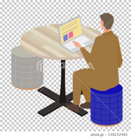 丸テーブルでノートパソコン作業をする男性の後ろ姿イラスト 丸テーブルでノートパソコン作業をする男性の後ろ姿イラスト 138232491