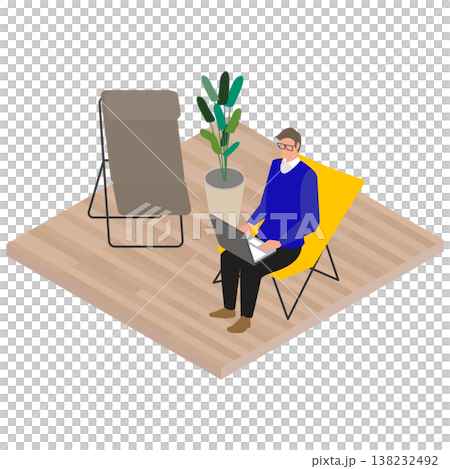 Isometric illustration of a man working on a laptop in a lounge chair. Isometric illustration of a man working on a laptop in a lounge chair. 138232492