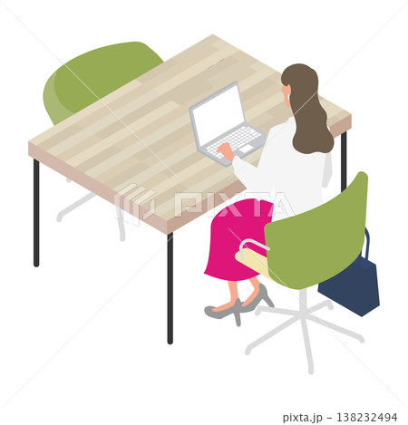 テーブルでノートパソコン作業をする女性の後ろ姿イラスト 138232494