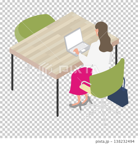 テーブルでノートパソコン作業をする女性の後ろ姿イラスト 138232494