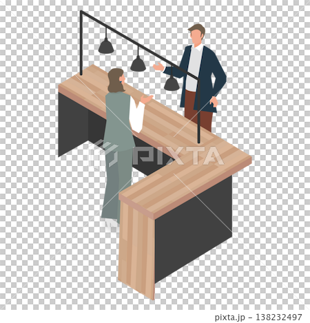 Isometric illustration of a staff member guiding visitors at the reception counter. Isometric illustration of a staff member guiding visitors at the reception counter. 138232497