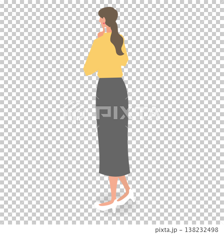 Illustration of a woman standing and thinking, from behind. 138232498