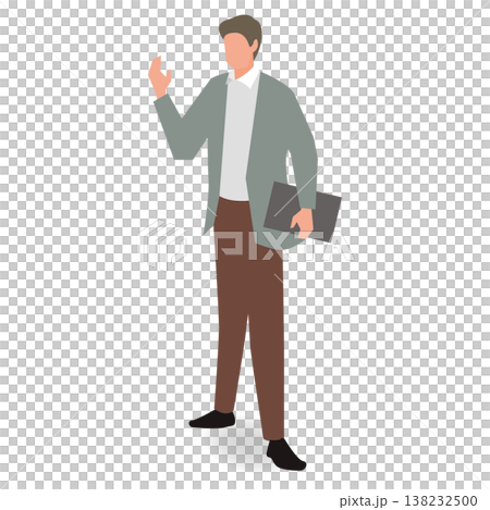 插圖描繪了一位男性商務人士手持平板電腦,正在講解某事。 插圖描繪了一位男性商務人士手持平板電腦,正在講解某事。 138232500