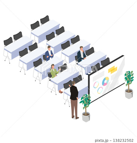セミナー会場で資料を使って説明するプレゼンテーションのイラスト セミナー会場で資料を使って説明するプレゼンテーションのイラスト 138232502