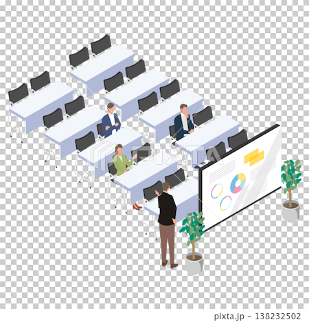 セミナー会場で資料を使って説明するプレゼンテーションのイラスト セミナー会場で資料を使って説明するプレゼンテーションのイラスト 138232502