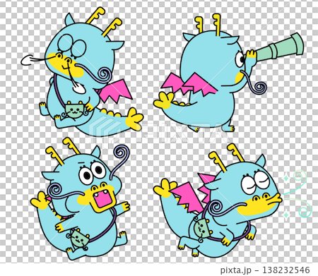 かわいいドラゴンキャラクターのポーズセット・日常やリアクションを表現したイラスト素材 138232546