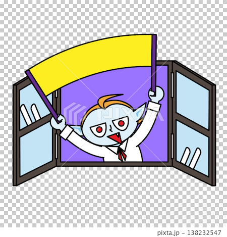 窓から飛び出すキャラクター｜バナー用スペース付きポップイラスト素材 138232547
