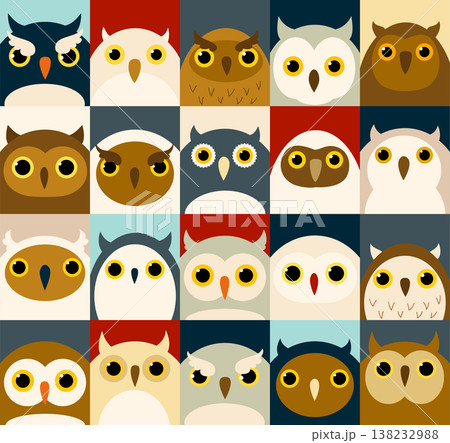 Vector seamless pattern (tiling) with cartoon owls. Cute print in kawaii style. Endless texture can be used for pattern fills, t-shirt design, web page background, fabric design, scrapbooking paper Vector seamless pattern (tiling) with cartoon owls. Cute print in kawaii style. Endless texture can be used for pattern fills, t-shirt design, web page background, fabric design, scrapbooking paper 138232988