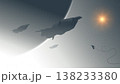 Sci-fi vector illustration of a lone astronaut floating in space watching a large fleet of spaceships fly past a crescent planet. 138233380