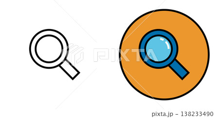 丸で囲まれた虫眼鏡のアイコン。モノクロとカラーのベクターイラストセット 丸で囲まれた虫眼鏡のアイコン。モノクロとカラーのベクターイラストセット 138233490