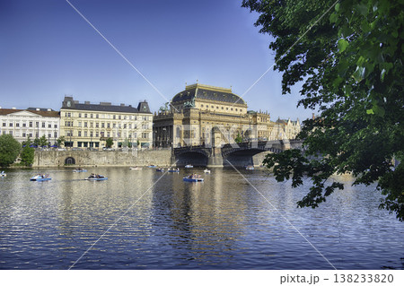 Tourists enjoying paddle boats with the National Theatre in Prague Tourists enjoying paddle boats with the National Theatre in Prague 138233820