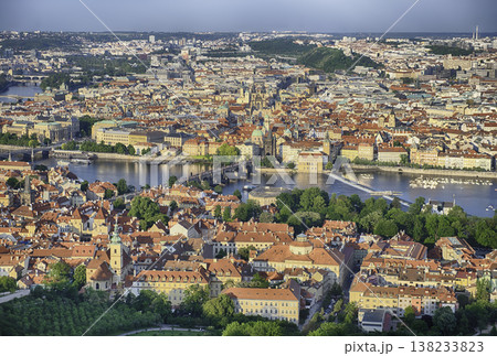 Prague cityscape showing the Vltava River and the Charles Bridge 138233823