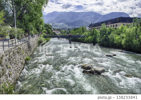 Passirio River flowing through Merano city center, South Tyrol, Italy 138233841