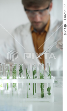 Man scientist wearing a lab coat, white gloves and protective glasses, is dripping liquid from a pipette into a test tube with a green plant inside, vertical portrait. Science and medicine concepts 138233982