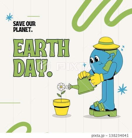 Retro Earth Day post with earth character watering a yellow flower Retro Earth Day post with earth character watering a yellow flower 138234041