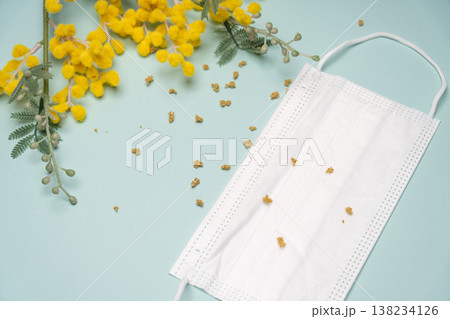ミモザの花粉と白いマスクの静物写真 ミモザの花粉と白いマスクの静物写真 138234126