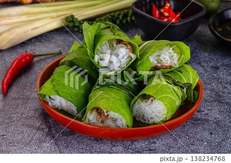 Vietnamese green nem spring rolls in leaf Vietnamese green nem spring rolls in leaf 138234768