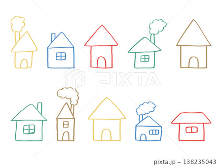 窓や煙突がある家のゆるいカラフルな線画の手描きイラストセット 138235043
