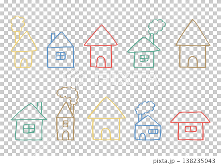 窓や煙突がある家のゆるいカラフルな線画の手描きイラストセット 138235043