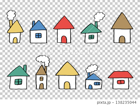 A set of loose, colorful, hand-drawn illustrations of a house with windows and a chimney. A set of loose, colorful, hand-drawn illustrations of a house with windows and a chimney. 138235044