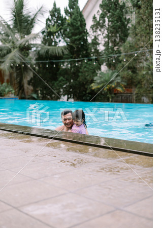Family Bonding Father and Daughter Playing in Swimming Pool Family Bonding Father and Daughter Playing in Swimming Pool 138235131