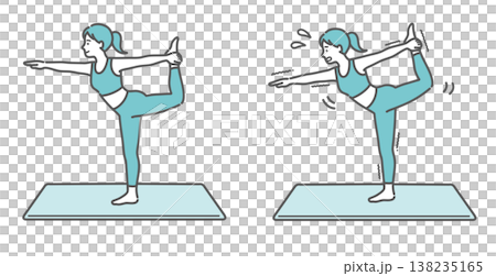 A set of illustrations comparing smiling and struggling (beginner and advanced) yoga poses (dancer's poses). A set of illustrations comparing smiling and struggling (beginner and advanced) yoga poses (dancer's poses). 138235165