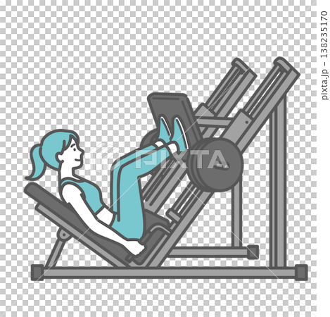 一幅描繪一位面帶微笑的女性在腿部推蹬機上訓練的插圖。 138235170