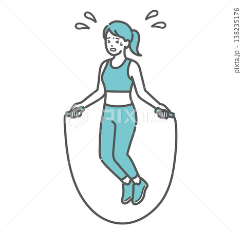 辛そうに縄跳び（有酸素運動）をする汗だくの女性のイラスト 138235176