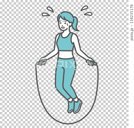 An illustration of a sweaty woman struggling to jump rope (aerobic exercise). An illustration of a sweaty woman struggling to jump rope (aerobic exercise). 138235176