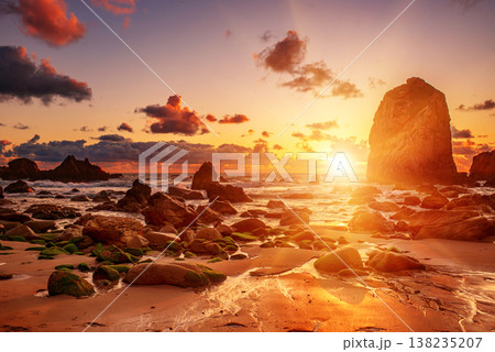 Praia da Ursa beach, Sintra-Cascais Natural Park, Portugal, cliffs in the sea at sunset Praia da Ursa beach, Sintra-Cascais Natural Park, Portugal, cliffs in the sea at sunset 138235207