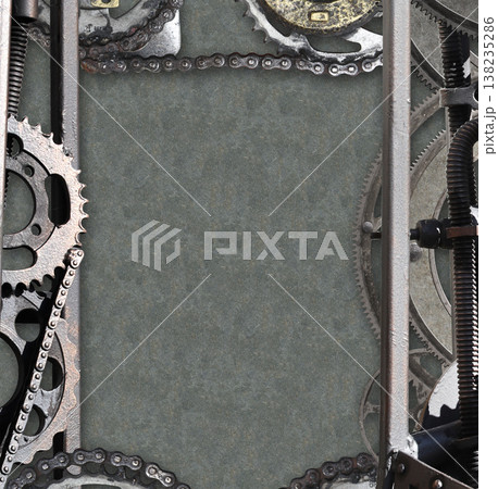 Metallic frame with vintage metal details, pipelines, gear, retro rivets. Mock up template. Copy space. Can be used for steampunk, industrial, mechanical design Metallic frame with vintage metal details, pipelines, gear, retro rivets. Mock up template. Copy space. Can be used for steampunk, industrial, mechanical design 138235286