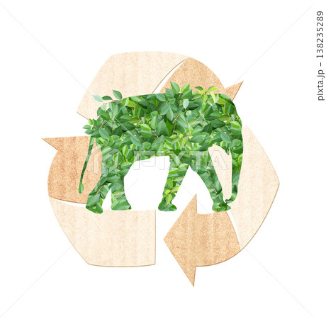 Arrows recycle symbol and Elephant silhouette made of green leaves. Renewable resources. Eco-friendly, Ecology, go green, Green Energy, environmental, wildlife protection concept. Isolated on white Arrows recycle symbol and Elephant silhouette made of green leaves. Renewable resources. Eco-friendly, Ecology, go green, Green Energy, environmental, wildlife protection concept. Isolated on white 138235289