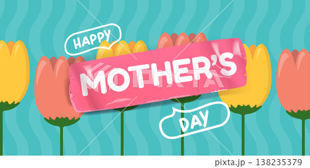 Happy Mothers Day banner with tulips and hearts. Elegant Mothers day white script typography on turquoise wavy background with floral border. Perfect for spring mothers holiday greeting cards 138235379