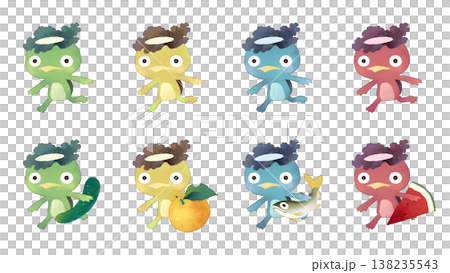 Set of 8 Kappa character illustrations, watercolor style, transparent PNG. 138235543