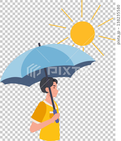 young man holding umbrella to block strong sunlight outdoors during summer day. heat protection 138235580