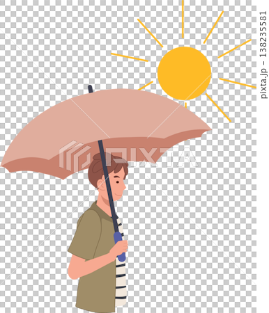 male character walking outside using umbrella for sun protection under bright sun. hot weather and climate awareness 138235581