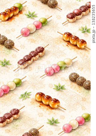 団子シリーズ：生成り背景の麻の葉と団子柄 138235655