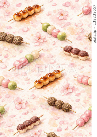 団子シリーズ：桜と団子の春色パターン背景 138235657