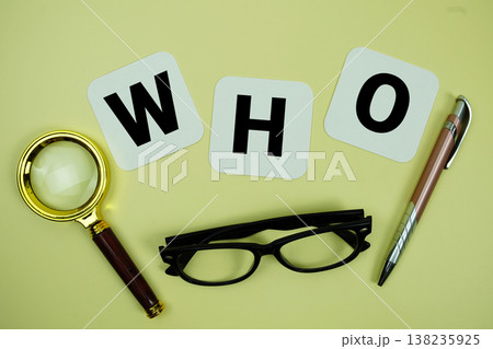 WHO alphabet letters with magnifying glass, eye glasses and pen on yellow background WHO alphabet letters with magnifying glass, eye glasses and pen on yellow background 138235925