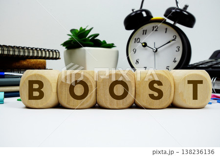 BOOST alphabet letters with alarm clock and calculator on white background 138236136